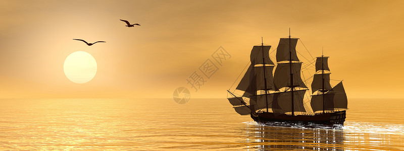 紧靠日落海鸥的美丽明细老商船旧3D桅杆海浪鸟图片