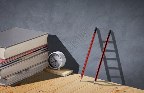 书梯阁楼警报两支铅笔和双影子以梯形式成并配有堆叠的教科书木桌上有白时钟教育与学习概念是成功的阶梯白色背景