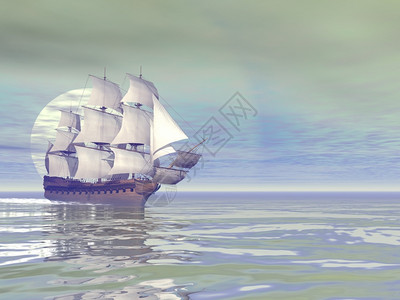 航海的经过白天美丽详细旧商船3D渲染旧商船月亮图片