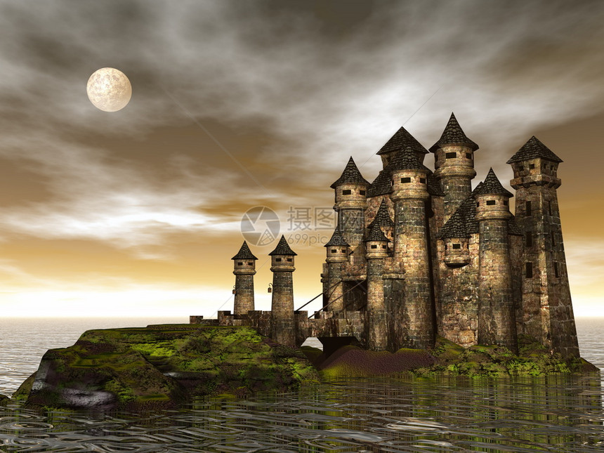 水建造魔法棕色满月之夜在海面的山上一座美丽的城堡图片