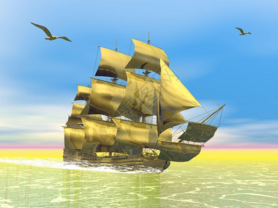 历史海鸥旁边的金色旧商船3D型金色旧商船三维制成海浪老的图片