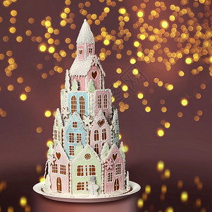 蛋糕城堡素材曲奇饼冬公主城堡由姜饼干制成圣诞糖冰淇淋装饰品背景布加灯光食物圣诞节背景