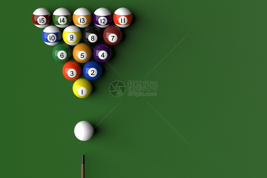 颜色按数字顺序排列的3D盘球投放于池桌口袋中央图片
