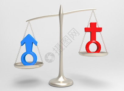 别想两个人事3d使红色女和蓝男在银平衡等级上的别标志男子一方为重者妇女一方为不平等或两薪酬差距概念平等的蓝色比较插画