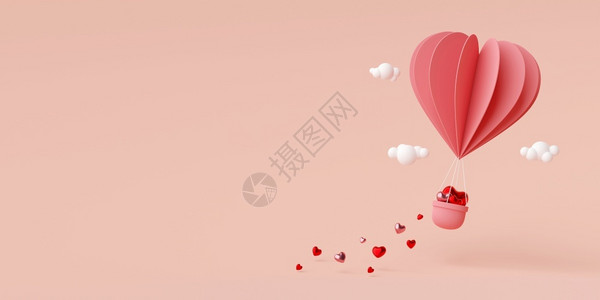 墙纸问候天空中心形气球的情人节横幅背景3D渲染图片