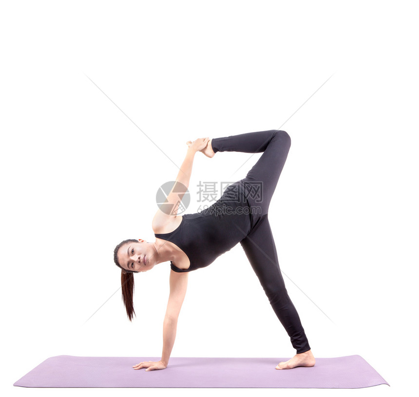 温泉讲师孤立白背景的女年青子瑜伽练习专业的图片