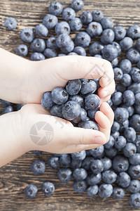 蓝色的吃美味莓浆躺在一个孩子的手里同时准备一顿甜点蓝莓果男孩背景图片