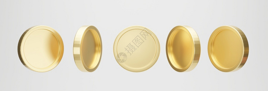 渲染金子白色背景3D映像中以不同形状显示的一组金硬币放图片