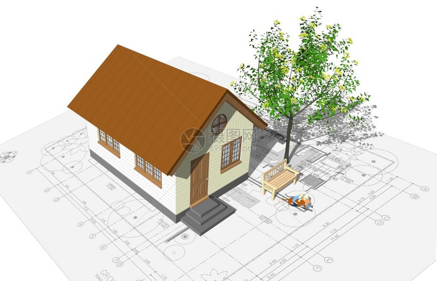 3D在蓝图上盖着车库的房子设计师介绍外部的图片