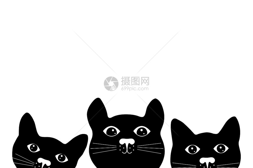 向量画草图三只可爱的黑猫面对着白色背景的猫图片