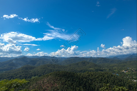 蓝色的乡村森林覆盖山岳和天空茂密的树林在森覆盖的山上天空正在清图片