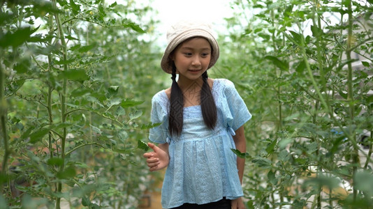 人们可爱的亚洲小女孩在水力农场玩得开心花女图片