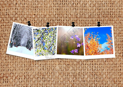 下雪的天空麻袋四个季节的照片织物背景上的季节照片不同的四张照片粗麻布上一年中的不同时间春夏秋冬麻袋四个季节的照片织物上季节照片花背景图片