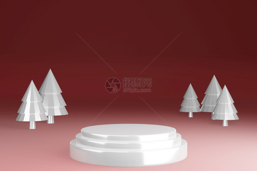 白色圣诞树在红背景展示3D制成的红色树上玻璃纹质空白的垫状产品抽象座白色图片