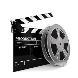 偏振器d80型快板卷轴好莱坞电影片和拍掌板三D插图以白色背景隔离设计图片