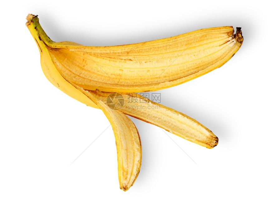 吃过危险生动在白色背景上横向隔离的香蕉皮肤分布于白底图片