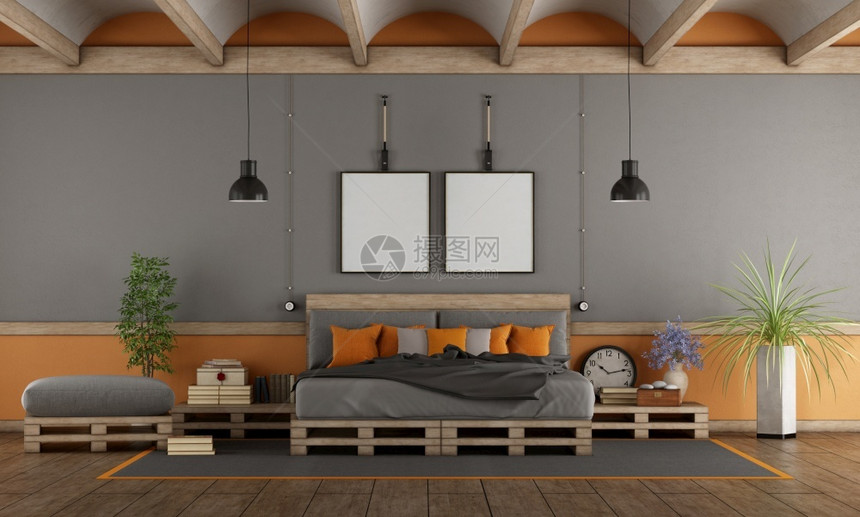 框架内部的灰色和橙主卧室带有托盘床3D为主卧室提供托盘床乡村图片