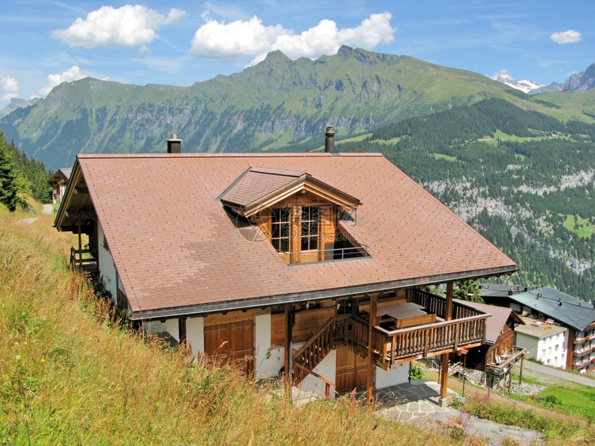 乡村的采取冬天著名瑞士滑雪胜地Mueren度假小屋图片