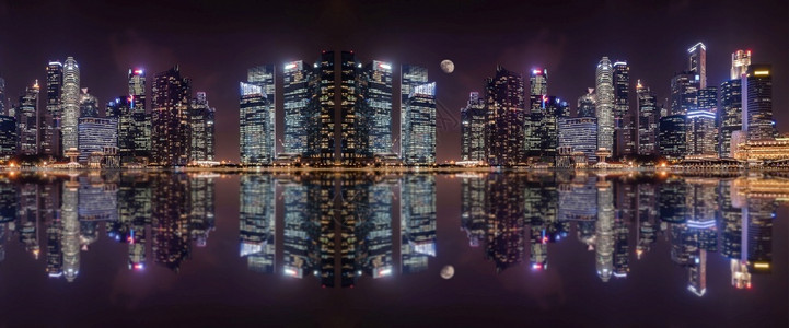 黑色的技术新加坡城市的反光景象在夜中被大都市摩天厦所映射办公室图片
