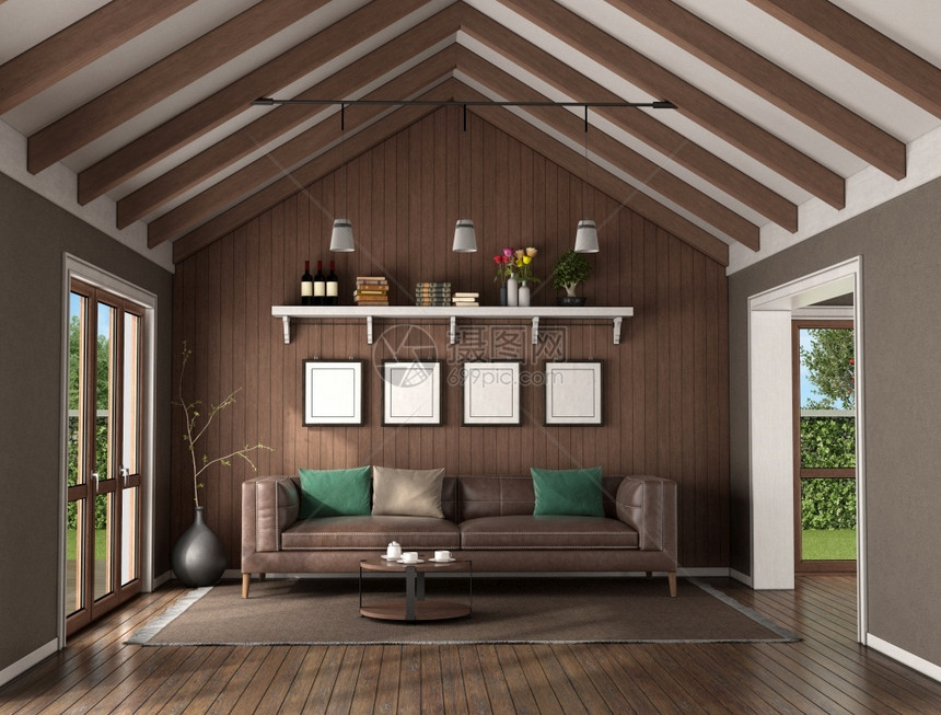 客厅用木墙挂在皮沙发后面天花板上有屋顶束3D使优雅的客厅以木墙挂在皮沙发后面梁渲染水平的图片