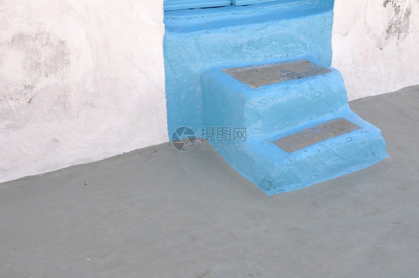仙人掌希腊普塞里莫斯岛的蓝色希腊传统住房楼梯老的脚步图片