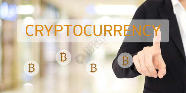 银行业界面投资商女人用手触摸加密货币和比特图标在模糊的背景面横幅上绘制隐秘货币和比特图标设计图片