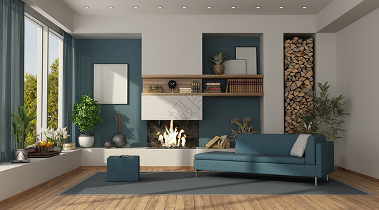 当代的现植物带壁炉和现代沙发的蓝白色客厅3d渲染带壁炉的蓝白色客厅图片