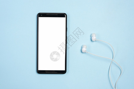 自然高的白色黑屏显示手机带耳蓝色背景高分辨率照片白色空屏幕显示手机带耳蓝色背景高质量照片织物背景图片