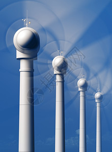 蓝色科天空技直接地3D艺术作品说明清洁可再生能源的概念从前面直接旋转的涡轮叶片3D艺术作品在前面直接旋转的风力涡轮叶片中3D艺术作品D技斯瓦背景