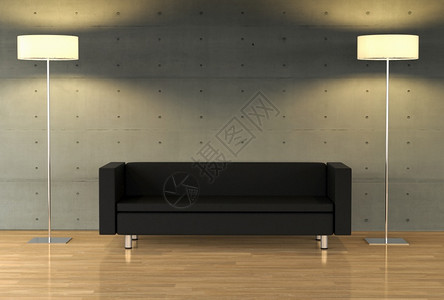 3D在现代公寓内建造一堵空墙并自设计现代家具在室内灯光使成为图片