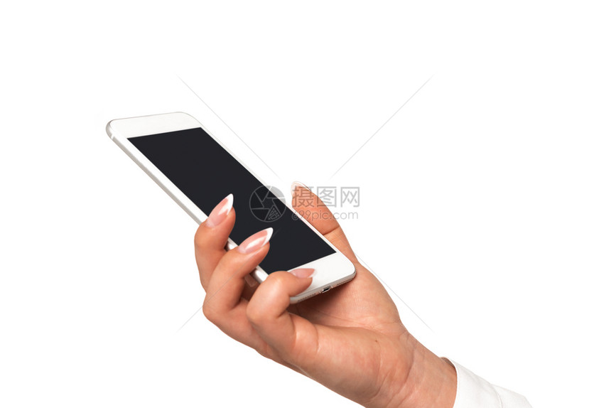 穿着完美指甲的女子手拿着智能机在特写时用白色背景的空屏幕手指女完美的图片