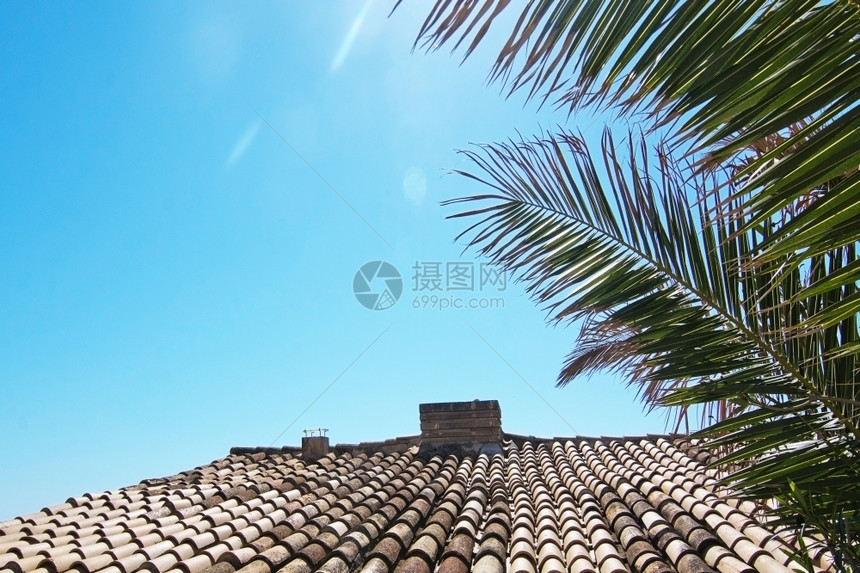 春天西班牙巴利阿里群岛Mallorca岛PalmadeMallorca的春光中铺设屋顶和棕榈树天空海滩图片