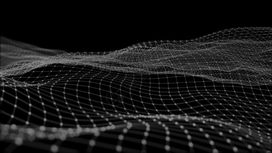 艺术蓝色的由点粒子和网状组成的远期背景空间中抽象数字波和亮平方颗粒的3D交接数据量巨大形象的背景图片