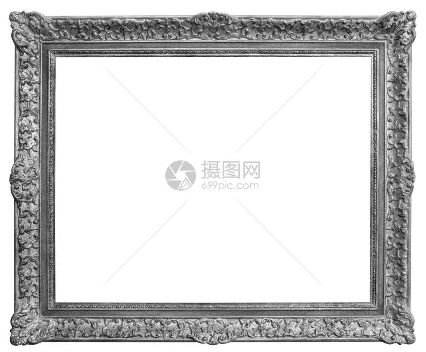 艺术优质的空白色背景与剪切路径隔离的旧银板木状旧圆形框图片