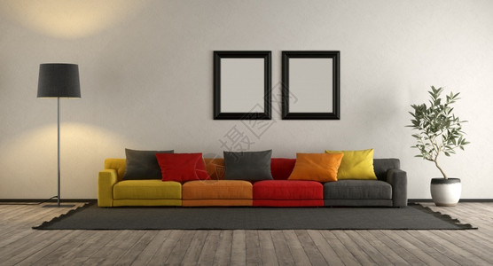 极简主义者现代客厅里多彩的沙发3D在客厅里做多彩的沙发内部黄色图片