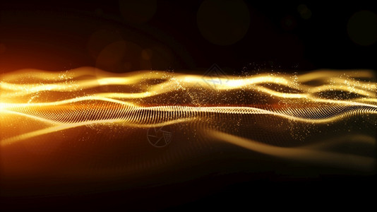 新鲜黑桑葚小径桌面带有bokeh和光背景的抽象金色数字粒子波流动的设计图片