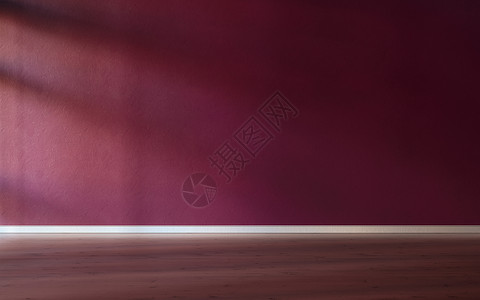 房间里的狗介绍地面木头红色柏干纹身墙壁和在空房间里的木地板展示产品灯光通过窗口3D插图设计图片