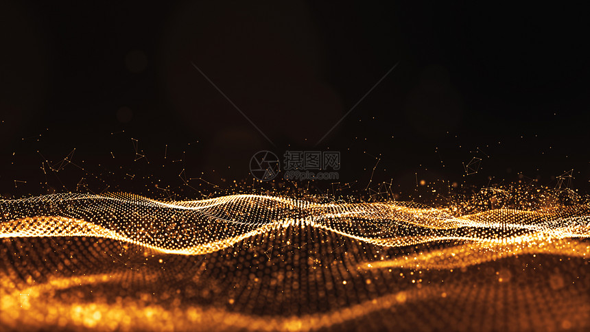 辉光插图横幅数字粒子金色波流抽象背景摘要图片