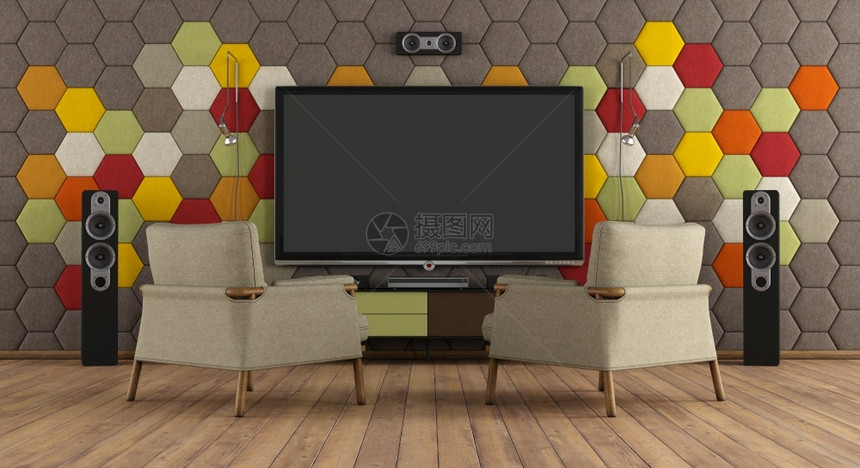 优雅的使用家庭电影系统两张手椅和多彩声响板的现代室内装配家庭电影系统和两张手椅的现代室内装配式多媒体屏幕图片