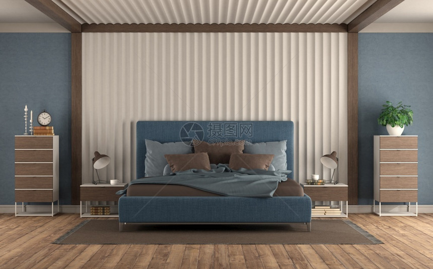 水平的硬木蓝色现代卧室用蓝色双床与石膏面板夜幕台和抽屉胸柜对比的蓝色双床3D制成主卧室用双床与石膏面板对抗的双床图片
