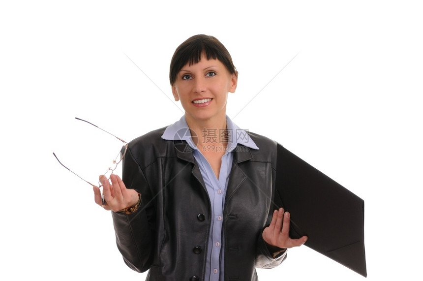 以白背景孤立的圆底饰商业女人黑发愉快自信的图片