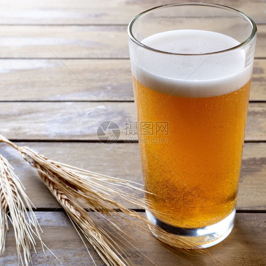 木板上杯子啤酒背景有小麦耳朵的木板上装着小麦耳朵的桌子寒冷对比图片