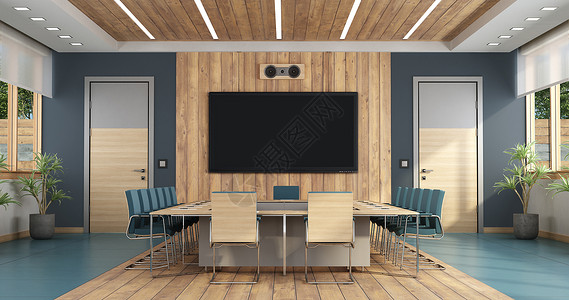 蓝色墙与猫灰色的工作站窗帘高级客厅有大型会议桌两扇门和背景的平面屏幕3D使优美客厅与大型会议桌设计图片
