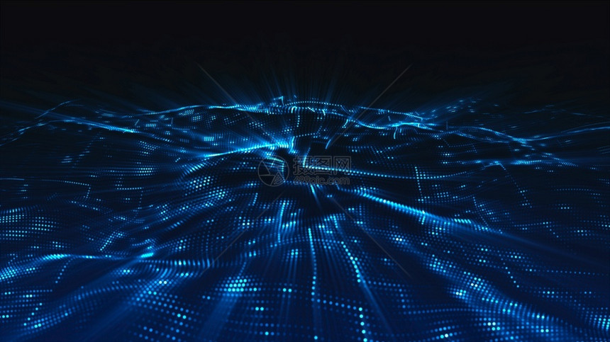 蓝色数字粒子波流和光数字网络空间抽象背景白色的联系流动图片