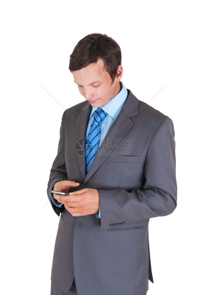 领带年轻商人手机在白色背景下被隔离的青年商人电话常设图片