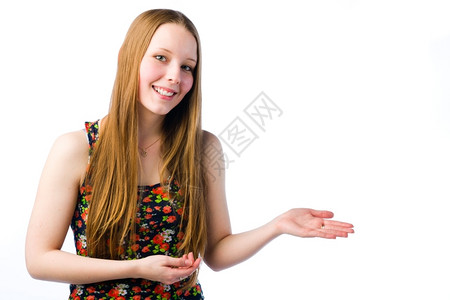 学生白种人一个年轻漂亮的女孩用两只手展示一些东西图片