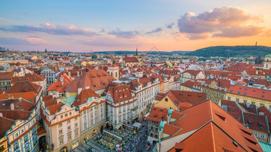 捷克布拉格市天际的著名标志形象图风景优美建筑学黎明背景图片