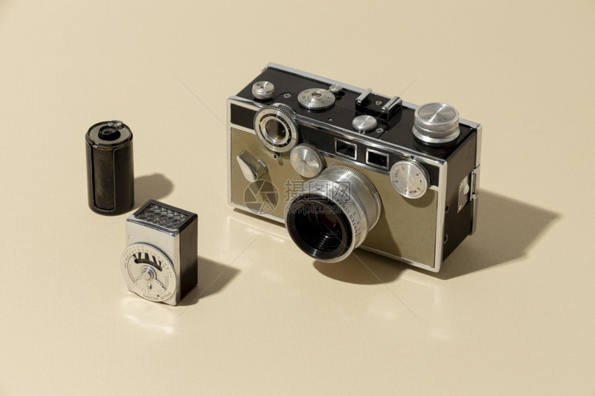 古老的照相机成分棕褐色打字机复制图片