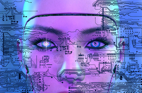 科学人造的智力带电子路的女机器人脸3d渲染带电子路的女机器人脸图片