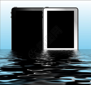新的软垫数字水背景中黑色和白平板电脑图片